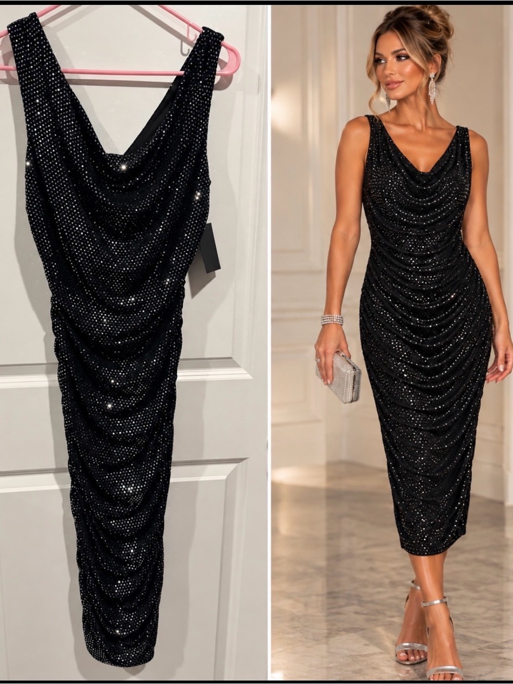 NWT Sparkly Black Sequin Drapey Neck Timeless Midi Dress sz 8